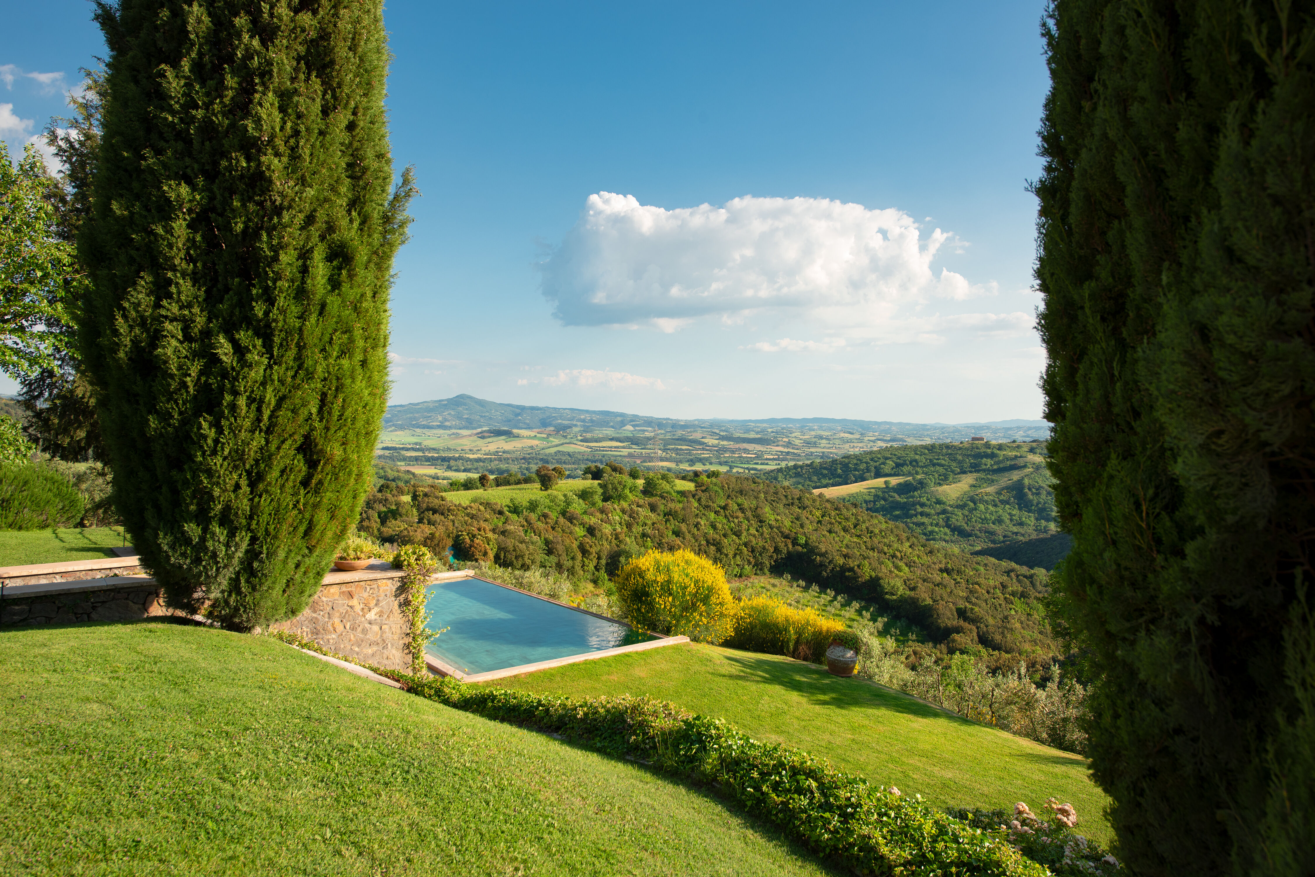 Villa Fortaleza landscape view with cypress trees and hills, Province of Grosseto, Tuscany, Italy