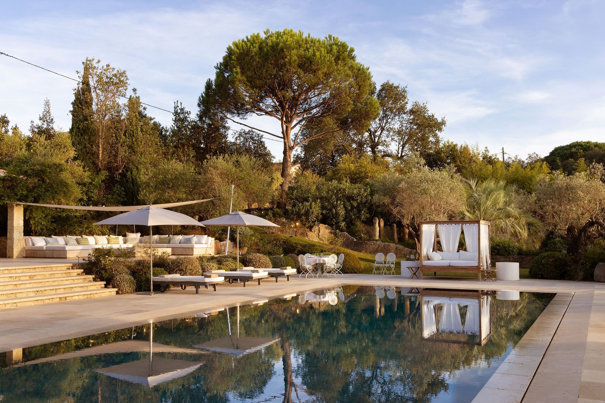 Villa Maï Taï poolside terrace with canopy daybed, Saint-Tropez Peninsula, French Riviera, France