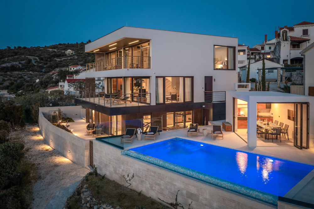 Rogoznica 6 full exterior view showing three levels and pool, Rogoznica, Dalmatian Coast, Croatia