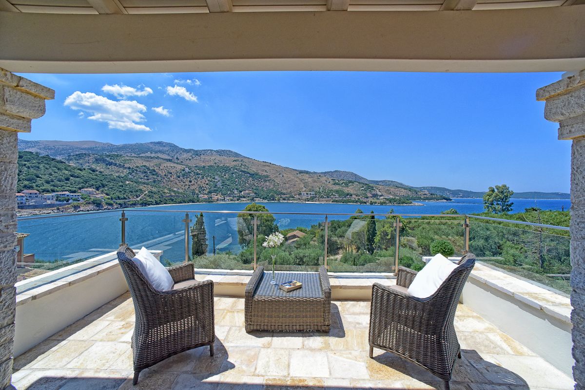 Villa Pearl covered terrace with panoramic Ionian Sea views, Kassiopi, Greece